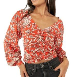 Free People Say The Word Top Balloon Long Sleeve Red Floral Ruched Size Large